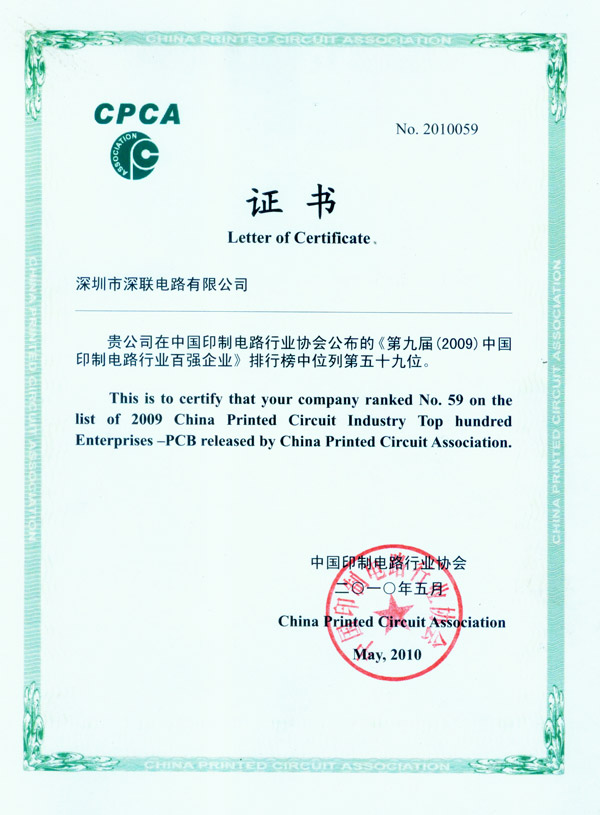 2009年度印制电路行业百强排名（CPCA）-2010